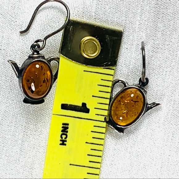 Amber teapot dangle sterling earrings - Picture 7 of 9